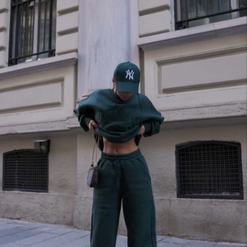 Bisiklet Yaka Nakış İşlemeli Üç İplik Sweat Takım - Yeşil -