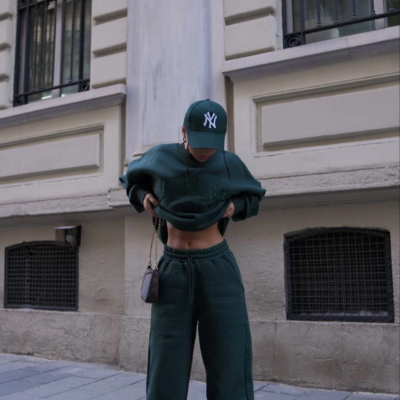 Bisiklet Yaka Nakış İşlemeli Üç İplik Sweat Takım - Yeşil -