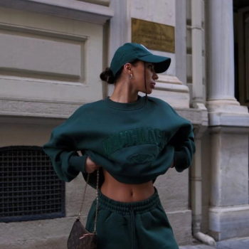 Bisiklet Yaka Nakış İşlemeli Üç İplik Sweat Takım - Yeşil -