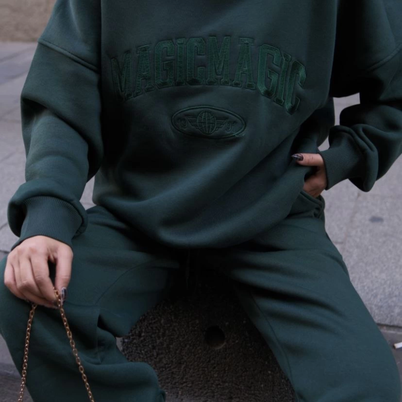 Bisiklet Yaka Nakış İşlemeli Üç İplik Sweat Takım - Yeşil -