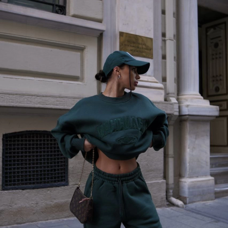 Bisiklet Yaka Nakış İşlemeli Üç İplik Sweat Takım - Yeşil -