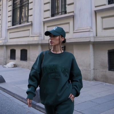 Bisiklet Yaka Nakış İşlemeli Üç İplik Sweat Takım - Yeşil -