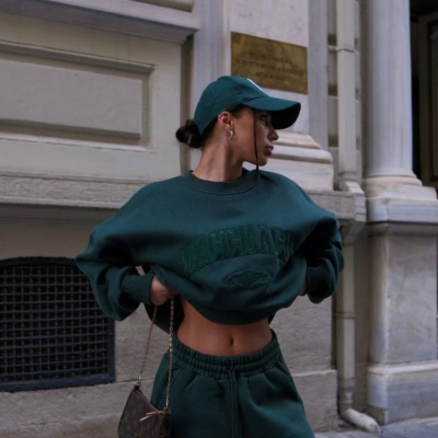 Bisiklet Yaka Nakış İşlemeli Üç İplik Sweat Takım - Yeşil -