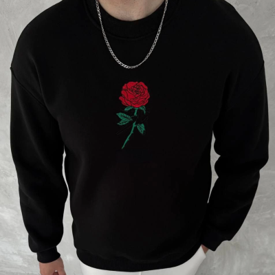 Bisiklet Yaka Ön Ve Arka Baskılı SweatShirt - Siyah -