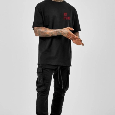 Bisiklet Yaka Oversize Baskılı T-Shirt - Siyah -