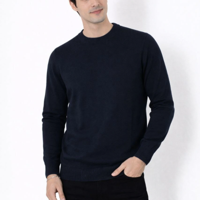 Bisiklet Yaka Triko Kazak yumuşak dokulu Pamuklu ince Dokuma, uzun kollu Rahat Regular kalıp - Lacivert