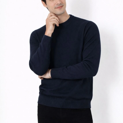 Bisiklet Yaka Triko Kazak yumuşak dokulu Pamuklu ince Dokuma, uzun kollu Rahat Regular kalıp - Lacivert