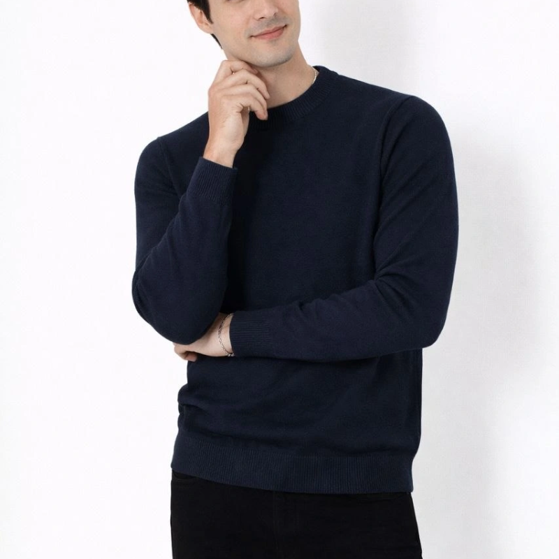 Bisiklet Yaka Triko Kazak yumuşak dokulu Pamuklu ince Dokuma, uzun kollu Rahat Regular kalıp - Lacivert