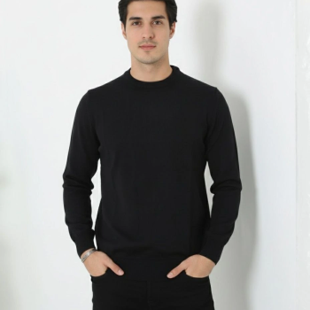 Bisiklet Yaka Triko Kazak yumuşak dokulu Pamuklu ince Dokuma, uzun kollu Rahat Regular kalıp - Siyah