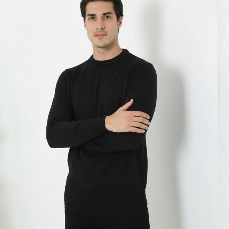 Bisiklet Yaka Triko Kazak yumuşak dokulu Pamuklu ince Dokuma, uzun kollu Rahat Regular kalıp - Siyah