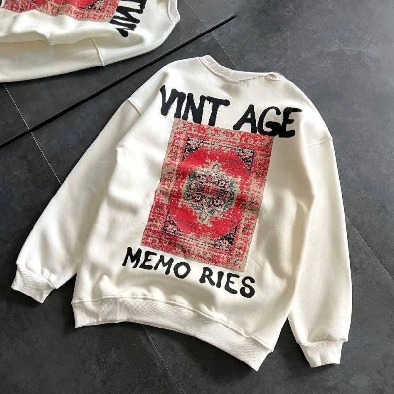 Bisiklet Yaka Üç İplik Baskılı Oversize SweatShirt - Beyaz -