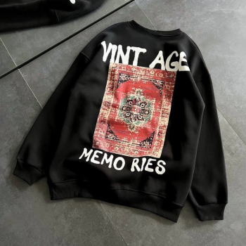 Bisiklet Yaka Üç İplik Baskılı Oversize SweatShirt - Siyah -