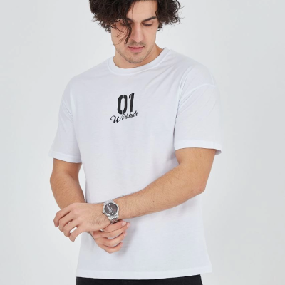 Bisiklet Yakalı Baskılı T-Shirt - Beyaz