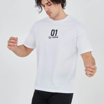 Bisiklet Yakalı Baskılı T-Shirt - Beyaz