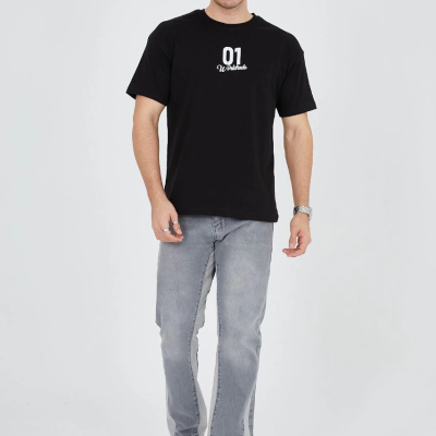 Bisiklet Yakalı Baskılı T-Shirt - Siyah