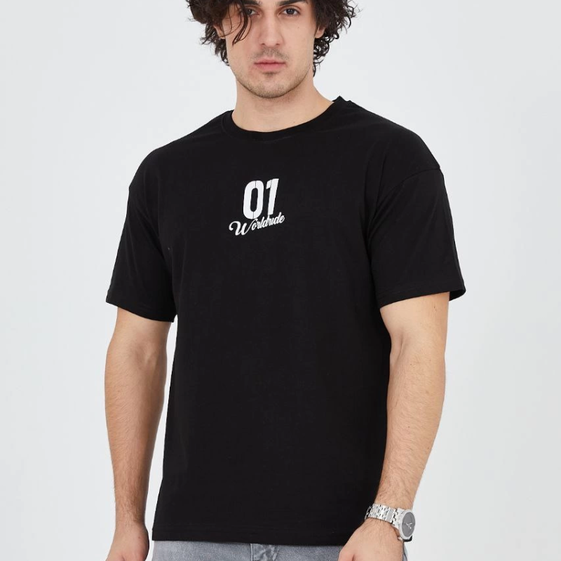 Bisiklet Yakalı Baskılı T-Shirt - Siyah