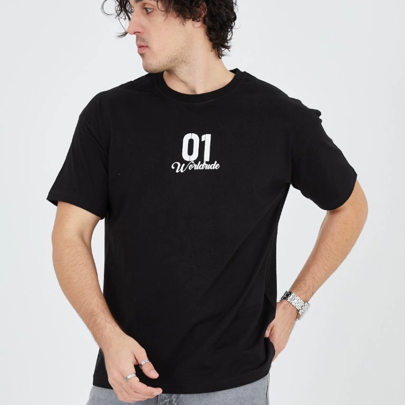 Bisiklet Yakalı Baskılı T-Shirt - Siyah