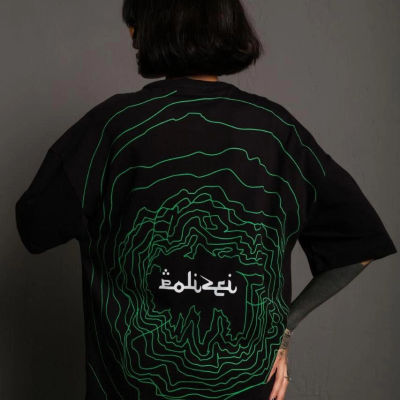 Bisiklet Yakalı Sırt Baskılı Oversize T-Shirt - Siyah -