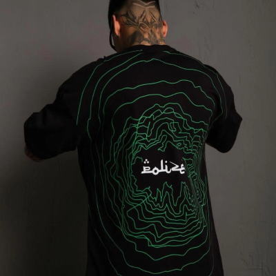 Bisiklet Yakalı Sırt Baskılı Oversize T-Shirt - Siyah -