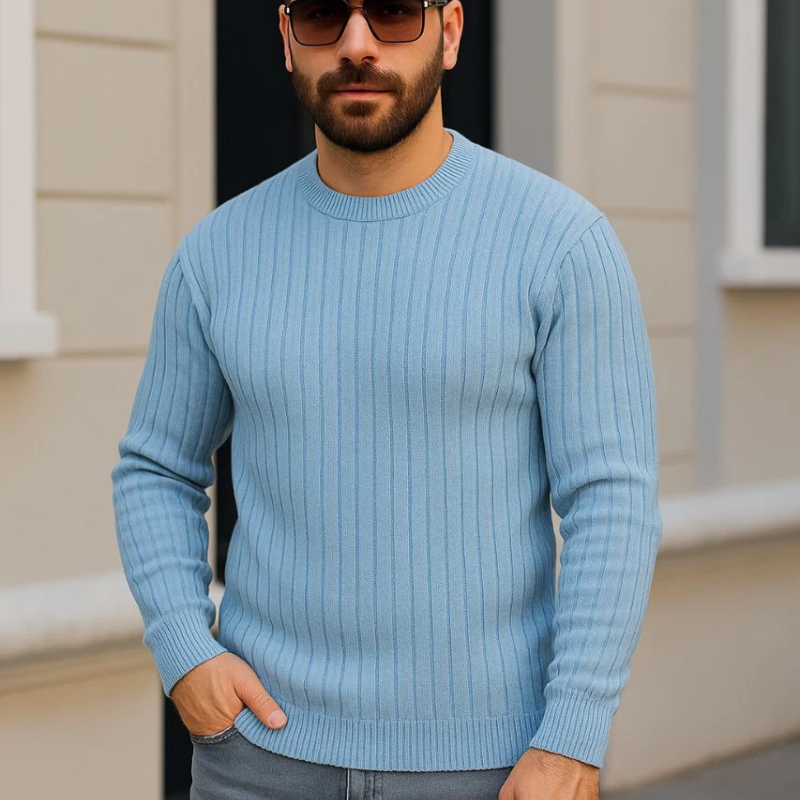 Bisiklet Yuvarlak Yaka Triko Kazak Pamuklu Kalın Fitilli Dokuma, Regular Fit Uzun Kollu Kışlık Model - Bebe Mavisi