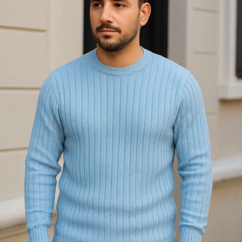 Bisiklet Yuvarlak Yaka Triko Kazak Pamuklu Kalın Fitilli Dokuma, Regular Fit Uzun Kollu Kışlık Model - Bebe Mavisi