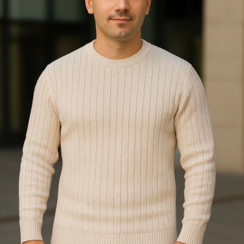 Bisiklet Yuvarlak Yaka Triko Kazak Pamuklu Kalın Fitilli Dokuma, Regular Fit Uzun Kollu Kışlık Model - Bej