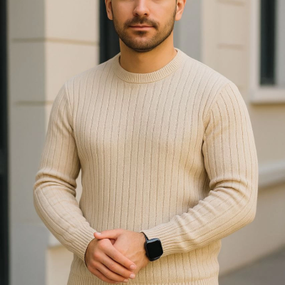 Bisiklet Yuvarlak Yaka Triko Kazak Pamuklu Kalın Fitilli Dokuma, Regular Fit Uzun Kollu Kışlık Model - Bej