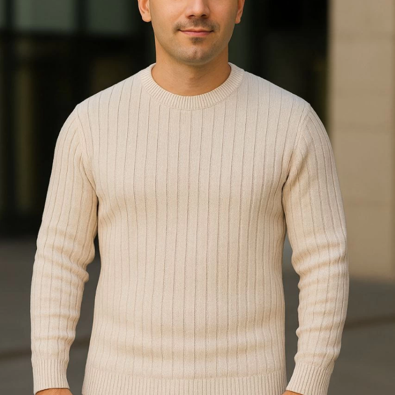 Bisiklet Yuvarlak Yaka Triko Kazak Pamuklu Kalın Fitilli Dokuma, Regular Fit Uzun Kollu Kışlık Model - Bej