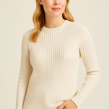 Bisiklet Yuvarlak Yaka Triko Kazak Pamuklu Kalın Fitilli Dokuma, Regular Fit Uzun Kollu Kışlık Model - Bej