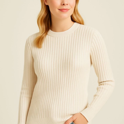 Bisiklet Yuvarlak Yaka Triko Kazak Pamuklu Kalın Fitilli Dokuma, Regular Fit Uzun Kollu Kışlık Model - Bej