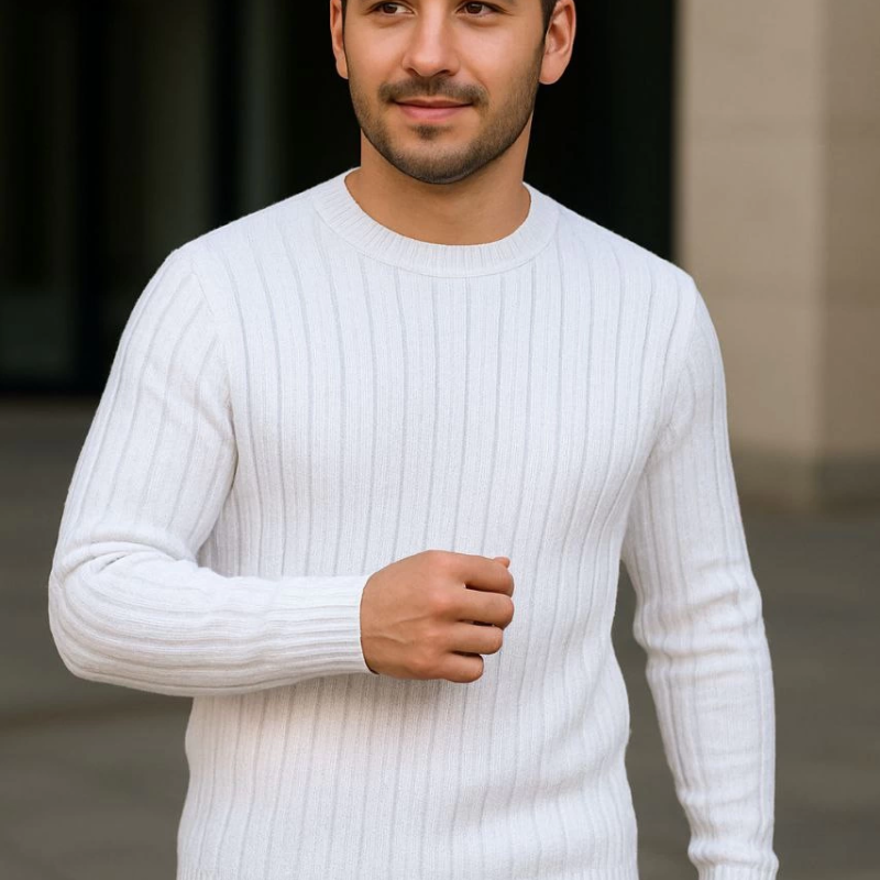 Bisiklet Yuvarlak Yaka Triko Kazak Pamuklu Kalın Fitilli Dokuma, Regular Fit Uzun Kollu Kışlık Model - Beyaz