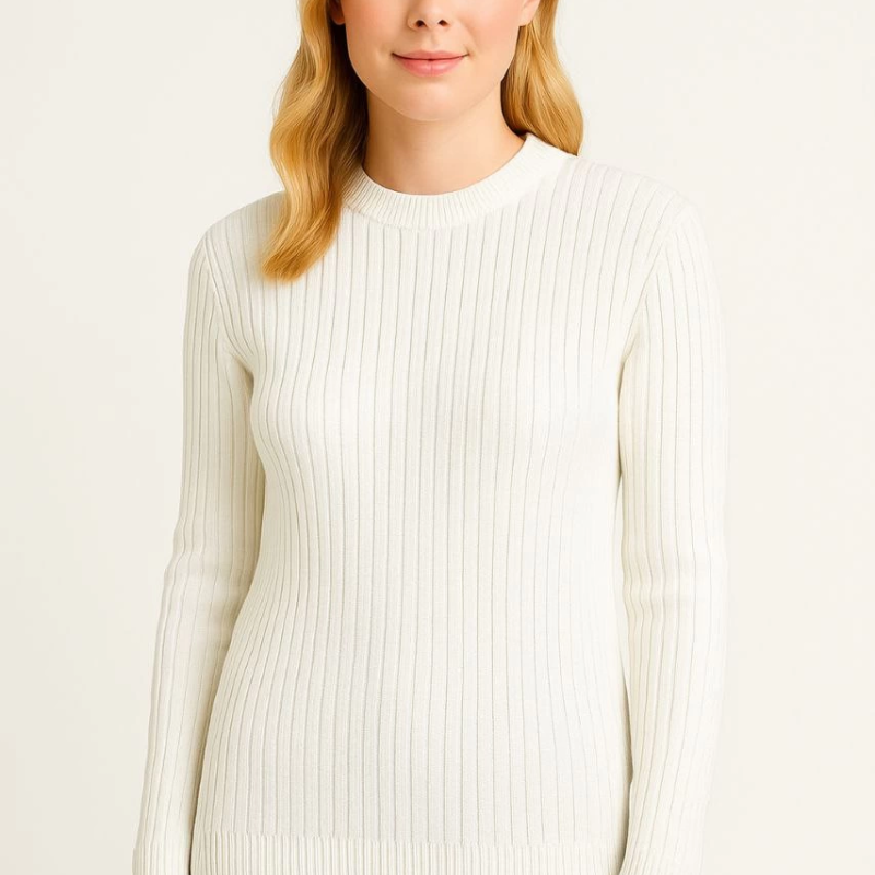 Bisiklet Yuvarlak Yaka Triko Kazak Pamuklu Kalın Fitilli Dokuma, Regular Fit Uzun Kollu Kışlık Model - Beyaz