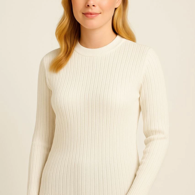 Bisiklet Yuvarlak Yaka Triko Kazak Pamuklu Kalın Fitilli Dokuma, Regular Fit Uzun Kollu Kışlık Model - Beyaz