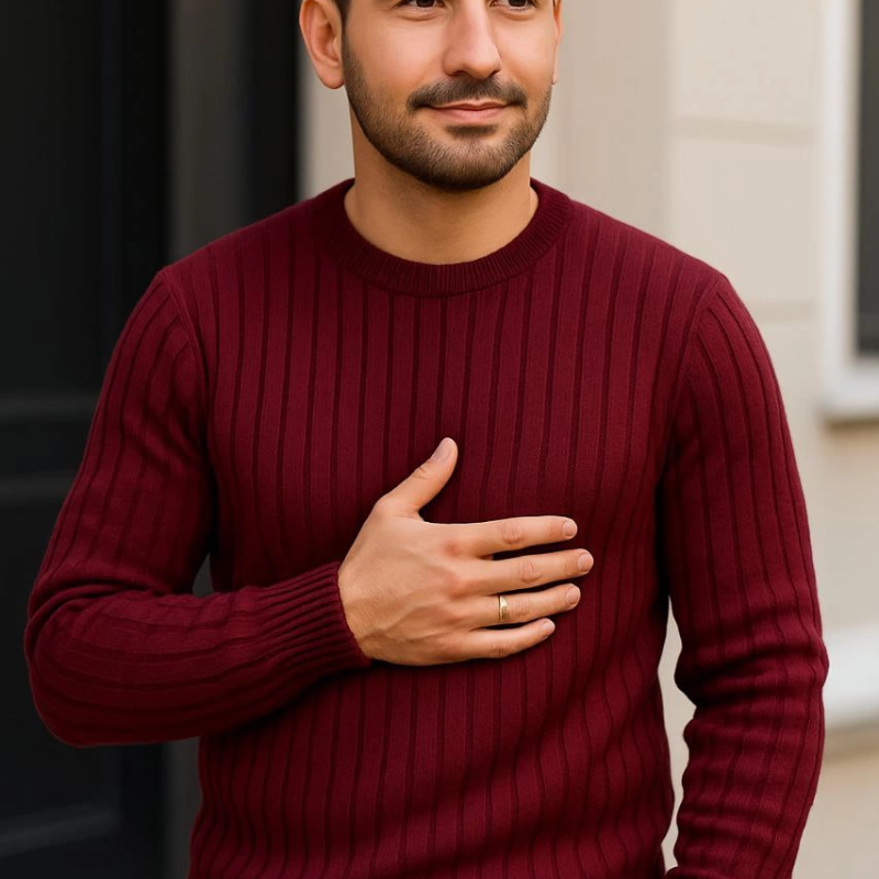 Bisiklet Yuvarlak Yaka Triko Kazak Pamuklu Kalın Fitilli Dokuma, Regular Fit Uzun Kollu Kışlık Model - Bordo