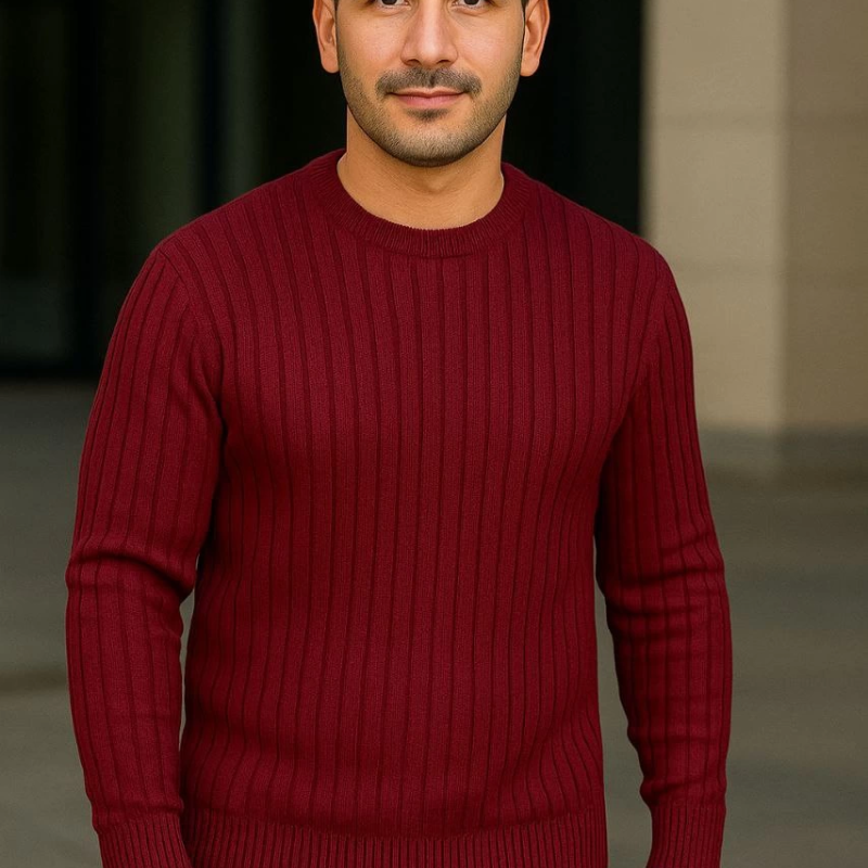 Bisiklet Yuvarlak Yaka Triko Kazak Pamuklu Kalın Fitilli Dokuma, Regular Fit Uzun Kollu Kışlık Model - Bordo