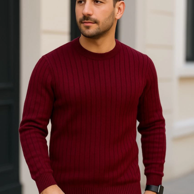 Bisiklet Yuvarlak Yaka Triko Kazak Pamuklu Kalın Fitilli Dokuma, Regular Fit Uzun Kollu Kışlık Model - Bordo