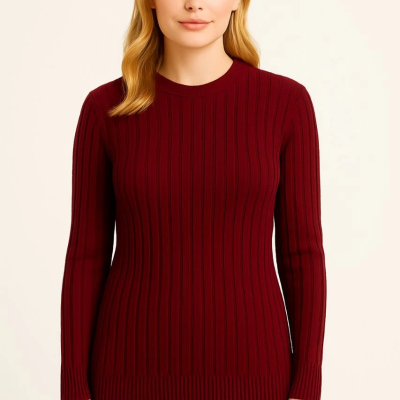 Bisiklet Yuvarlak Yaka Triko Kazak Pamuklu Kalın Fitilli Dokuma, Regular Fit Uzun Kollu Kışlık Model - Bordo