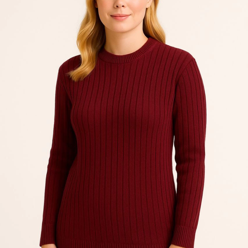 Bisiklet Yuvarlak Yaka Triko Kazak Pamuklu Kalın Fitilli Dokuma, Regular Fit Uzun Kollu Kışlık Model - Bordo