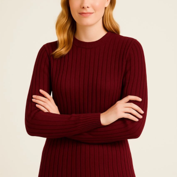 Bisiklet Yuvarlak Yaka Triko Kazak Pamuklu Kalın Fitilli Dokuma, Regular Fit Uzun Kollu Kışlık Model - Bordo