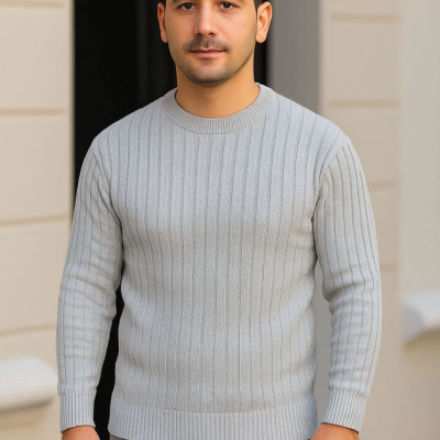 Bisiklet Yuvarlak Yaka Triko Kazak Pamuklu Kalın Fitilli Dokuma, Regular Fit Uzun Kollu Kışlık Model - Gri