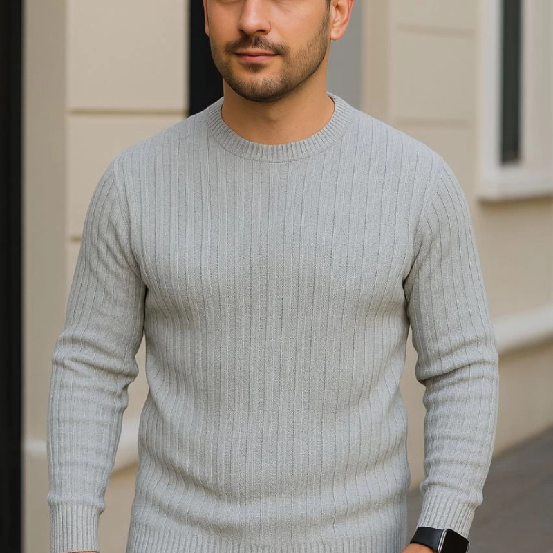 Bisiklet Yuvarlak Yaka Triko Kazak Pamuklu Kalın Fitilli Dokuma, Regular Fit Uzun Kollu Kışlık Model - Gri