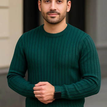 Bisiklet Yuvarlak Yaka Triko Kazak Pamuklu Kalın Fitilli Dokuma, Regular Fit Uzun Kollu Kışlık Model - Haki