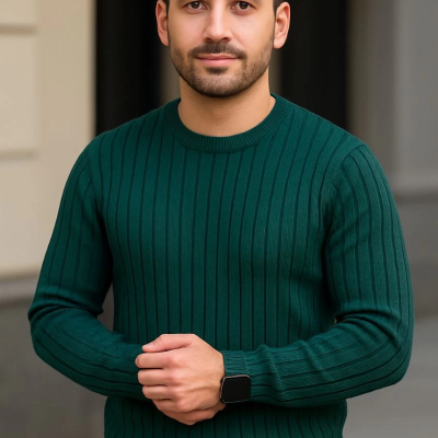 Bisiklet Yuvarlak Yaka Triko Kazak Pamuklu Kalın Fitilli Dokuma, Regular Fit Uzun Kollu Kışlık Model - Haki