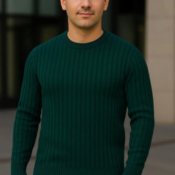 Bisiklet Yuvarlak Yaka Triko Kazak Pamuklu Kalın Fitilli Dokuma, Regular Fit Uzun Kollu Kışlık Model - Haki