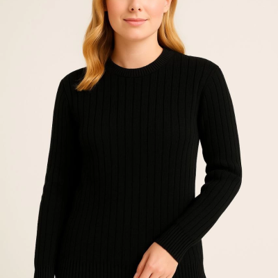 Bisiklet Yuvarlak Yaka Triko Kazak Pamuklu Kalın Fitilli Dokuma, Regular Fit Uzun Kollu Kışlık Model - Siyah