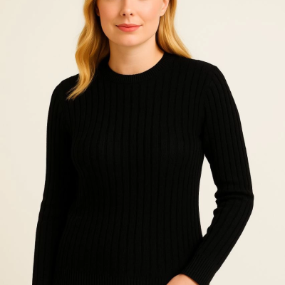 Bisiklet Yuvarlak Yaka Triko Kazak Pamuklu Kalın Fitilli Dokuma, Regular Fit Uzun Kollu Kışlık Model - Siyah