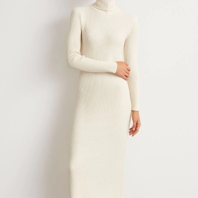 Boğazlı Triko Elbise - Beyaz -