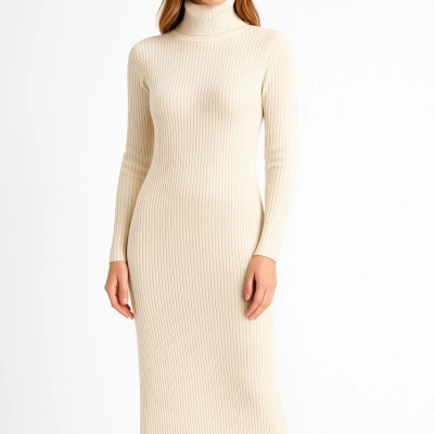 Boğazlı Triko Elbise - Beyaz -