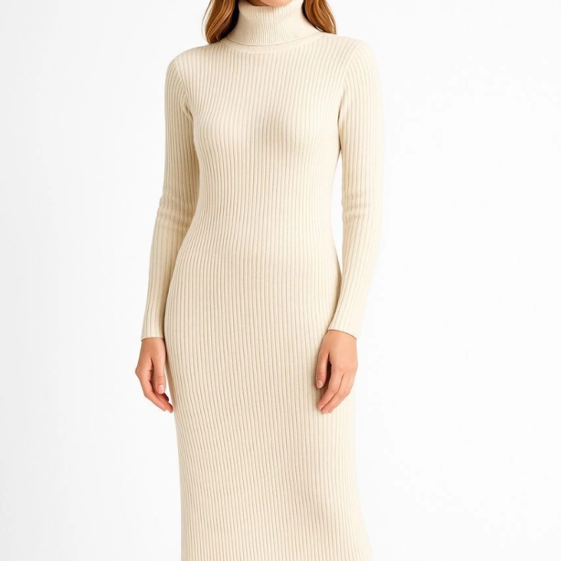 Boğazlı Triko Elbise - Beyaz -