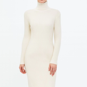 Boğazlı Triko Elbise - Beyaz -